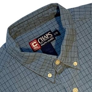Ralph Lauren Chaps Button Down Size L Shirt Blue Check w‎ Logo ~ Excellent
